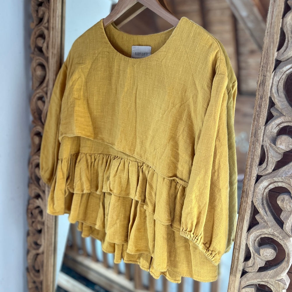 Linen Anthropologie x Moon River Mustard Ruffled Blouse